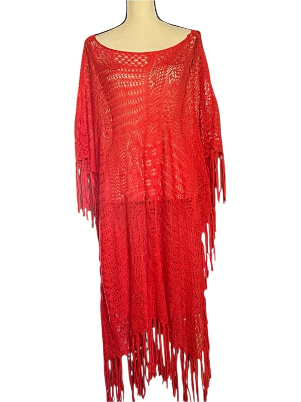 Lauren Ralph Lauren Boho Vibrant Long Fringe Crochet Open knit Poncho. L/XL - Picture 4 of 9